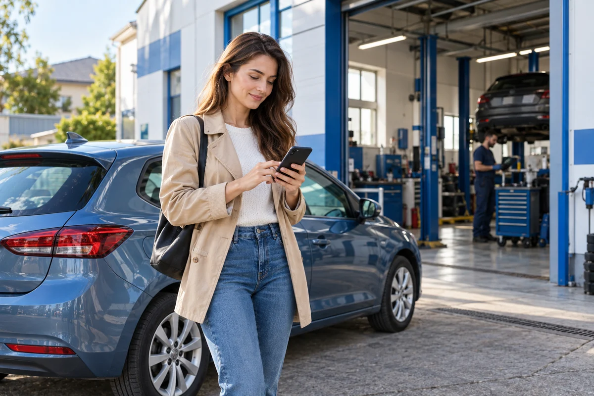 Proprietară care verifică opțiunile pe telefon în fața unui atelier auto