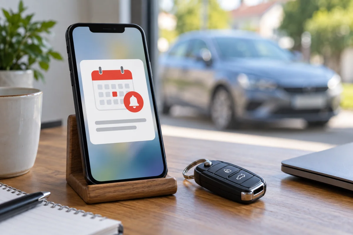 Telefon cu notificare de calendar lângă cheile mașinii