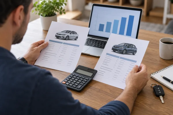 Șofer care compară costurile asigurării auto