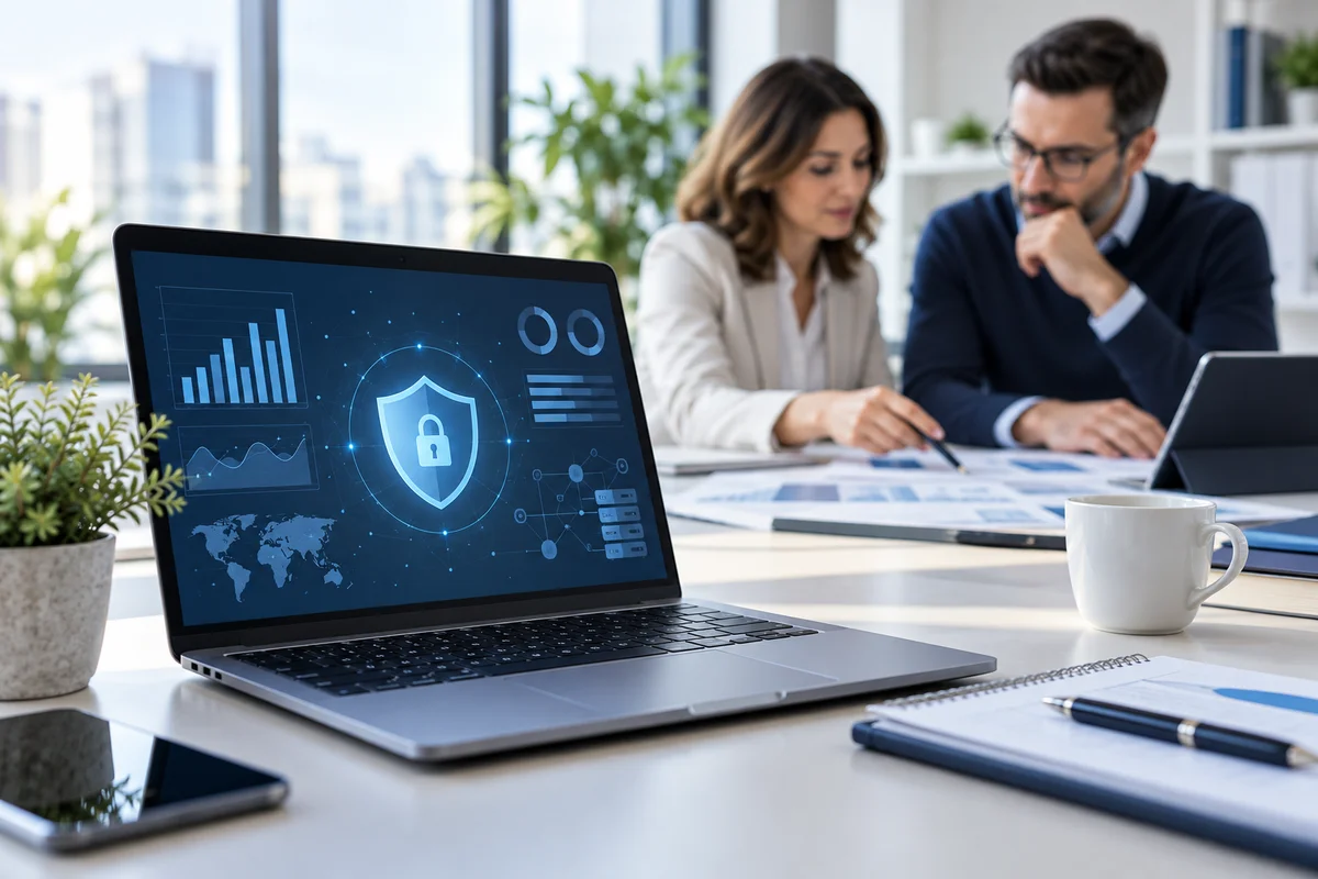 Laptop cu simbol de securitate și echipă analizând continuitatea activității firmei