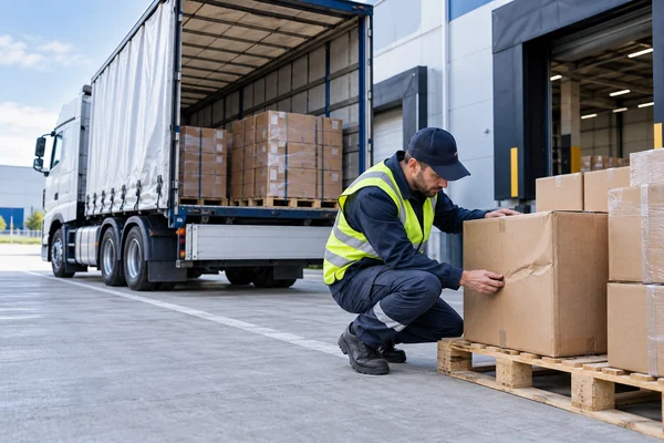 Lucrător care verifică un palet la descărcarea mărfii din camion