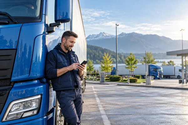 Proprietar de camion care verifică ofertele de asigurare pe telefon