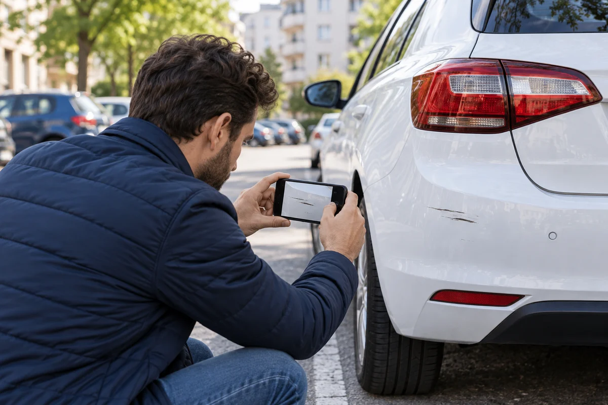 Șofer care fotografiază o avarie pentru notificarea asigurătorului