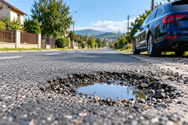 Groapă în carosabil și autoturism oprit în siguranță