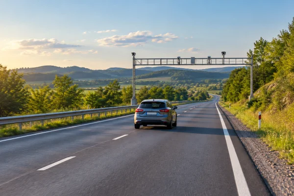 Autoturism pe un drum național cu echipament de monitorizare